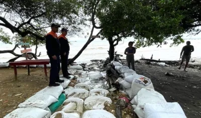 Técnicos de la Dimar inspeccionando la protección costera.