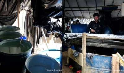 El laboratorio y la droga incautada. 