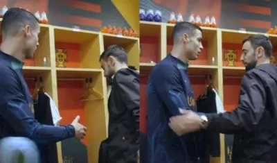 El frío saludo entre Cristiano Ronaldo y Bruno Fernández. 
