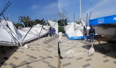 Así quedaron varias de las carpas por efectos de la fuerte brisa.