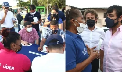 El alcalde Jaime Pumarejo, izquierda, conversa con una residente del barrio El Bosque, en la sesión de trabajo.