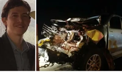Estado de la camioneta tras el accidente, en recuadro Enrique Vives.