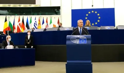 El Presidente Iván Duque durante su intervención en el Parlamento Europeo.