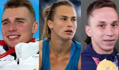 Anton Smolski, Aryna Sabalenka e Ivan Litvinovich, atletas bielorrusos de élite. 