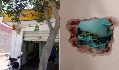 El Efecty robado en Santo Tomás, con el hueco por donde entraron los delincuentes. 