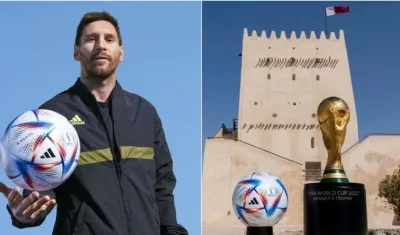 Al Rihla con Lionel Messi y el trofeo de la Copa Mundial. 