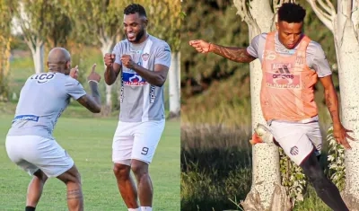 Freddy Hinestroza, Miguel Ángel Borja y John Fredy Pajoy entrenando en territorio argentino.