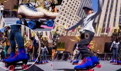 Patinadores durante la jornada inaugural de la nueva pista de patinaje sobre ruedas del Rockefeller Center denominada 'Flipper's Roller Boogie Palace' en Nueva York.