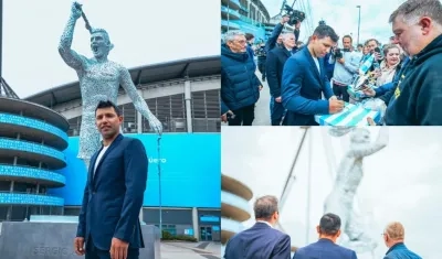 Imágenes de la estatua y de Sergio Agüero.