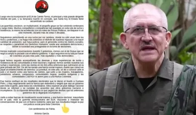 El ELN reitera disposición de reanudar diálogos de paz