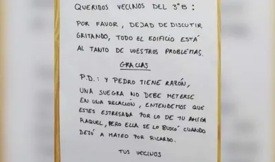 Nota del edificio dirigida a sus vecinos por gritar.