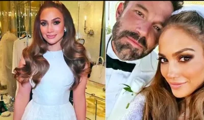 Jennifer López con uno de los vestidos que usó. En la otra foto después de la ceremonia junto a su esposo Ben Afleck.