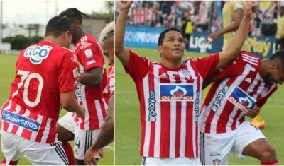 Carlos Bacca, delantero porteño, celebra su gol en el regreso a Junior. 