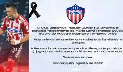 Fernando Uribe y el comunicado de Junior.