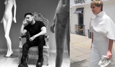 El diseñador sincelejano Virgilio Madinah y la primera dama Verónica Alcocer con el diseño que lució el día de la posesión.