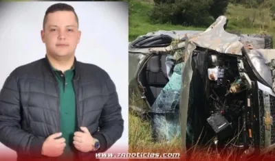 Iván Mindiola, cantante de música vallenata y el vehículo accidentado.