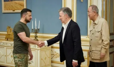 Juan Manuel Santos, Ban Ki Moon y el presidente de Ucrania, Volodímir Zelensky.