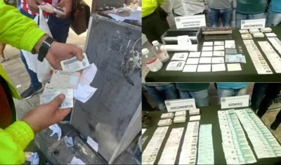 Documentos y dinero en efectivo incautados a los capturados.