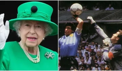 La reina Isabel II y Diego Maradona, autor de la 'mano de Dios'. 