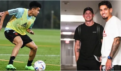 Luis Díaz durante el entrenamiento y James Rodríguez a su llegada al hotel. 