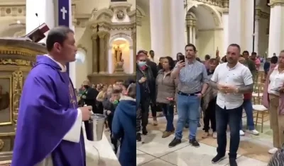 Fray Fernando Piña al término de la homilía. En la siguiente foto, fieles paisas le reclamaron por lo afirmado en la misa.