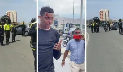 El Esmad en el sitio de la marcha en Santa Marta, en el centro, la persona herida.