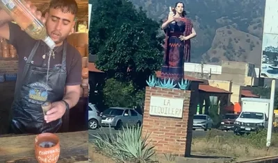 Preparación de un coctel de tequila, y a la derecha, el monumento de María Félix.