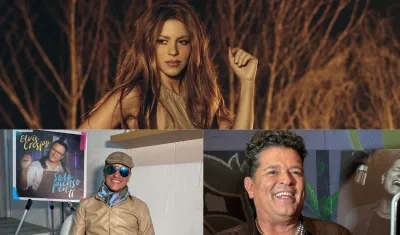 Los cantantes Shakira, Carlos Vives y Elvis Crespo