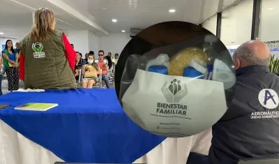 La directora del Instituto Colombiano de Bienestar Familiar, Astrid Cáceres, en el Puesto de Mando Unificado en Villavicencio. En el recuadro, los kits