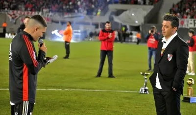 Juan Fernando Quintero dio el discurso de despedida de River a Marcelo Gallardo. 