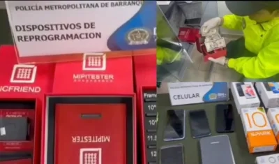 Programadores de celulares, teléfonos móviles y dólares incautados. 