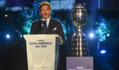 El presidente de la Conmebol Alejandro Domínguez habla en la presentación de la nueva imagen de la Copa América 2024. 