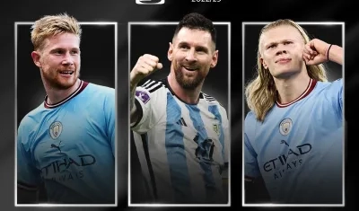Los tres nominados al premio: Kevin De Bruyne, Lionel Messi y Erling Haaland. 