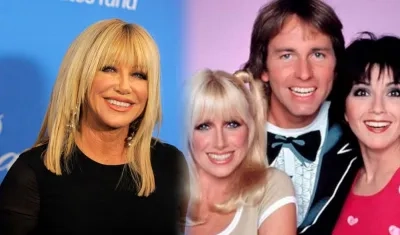 Suzanne Somers, 76 años, en la serie "Tres son compañía" junto a Joyce DeWitt y John Ritter