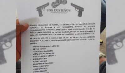 Panfleto extorsivo en Tubará. 