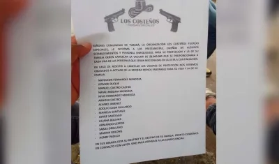 Panfleto extorsivo en Tubará.