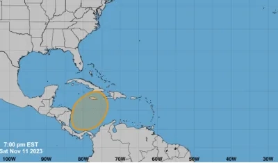 Zona naranja donde se formará el sistema de baja presión, incluyendo a San Andrés y Providencia. 