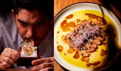 El chef Manuel Mendoza, creador de 'Manuel' Restaurante. En la siguiente imagen, una de sus creaciones: Crudo de medregal