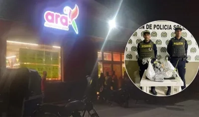 Fachada de la tienda ARA asaltada y el dinero recuperado. 