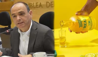 El gerente de la Fábrica de Licores de Antioquia, Javier Ignacio Hurtado, y el aguardiente objeto del litigio.