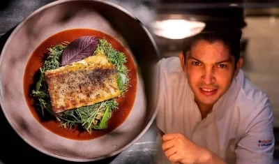 El reconocido chef Manuel Mendoza junto a una de sus recetas: pesca al carbón, mantequilla picante de ají chivato, ensalada tibia de fríjol cabecita negra y demiglace de pescado