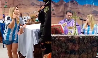 Momento en el que la mujer se queja ante el sacerdote por el alto volumen del acto religioso.