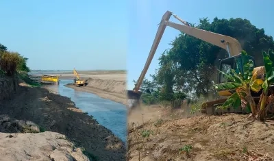 La maquinaria amarilla trabajando en el brazo del río a la altura de Campo de la Cruz