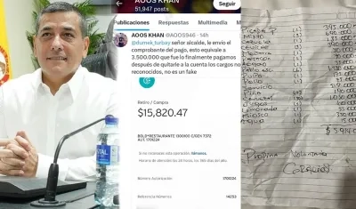 Dumek Turbay, en la siguiente foto la factura de 3,5 millones de pesos que pagaron y en la otra, la cuenta que le cobraron en Cholón