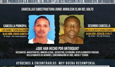 El cartel distribuido por las autoridades para dar con la captura de los cabecillas del 'Clan del Golfo'.