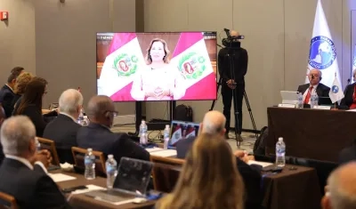 Dina Boluarte, presidenta de Perú, durante su intervención en la Asamblea General Extraordinaria de Panam Sports. 