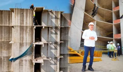 Obreros en pleno trabajo de desmonte en el Aquarela. En la otra foto, el alcalde de Cartagena, Dumek Turbay