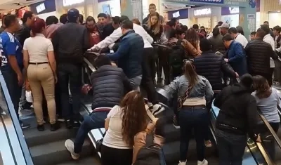 Perro quedó atrapado en escaleras del centro comercial.