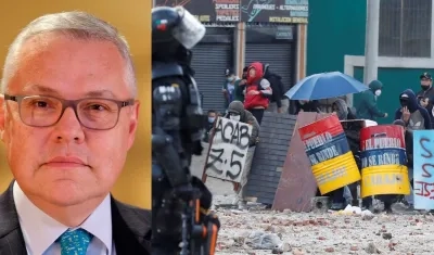 El Ministro de Justicia Néstor Osuna e imágenes de la Primera Línea en el marco de la protesta social en 2021. 