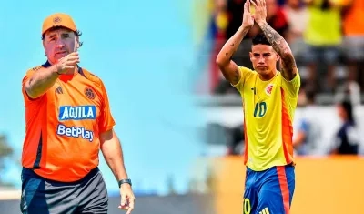 Néstor Lorenzo, técnico de la Selección Colombia, y James Rodríguez.